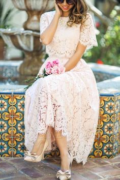 Short Sleeves Princess Ankle-length Summer Homecoming Dresses | Babyonlinewholesale Short Sleeve Prom Dresses, Blush Lace Dress, Prom Dresses With Sleeves, Prom Dresses Lace, Lace Midi, Looks Chic, Lace Midi Dress, Petite Fashion, Trendy Dresses