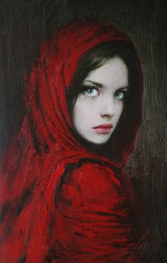 a painting of a woman wearing a red shawl and looking at the camera with blue eyes