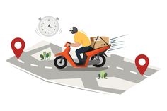 a man riding a scooter with a box on his back and a clock in the background