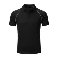 a black polo shirt with grey piping on the collar