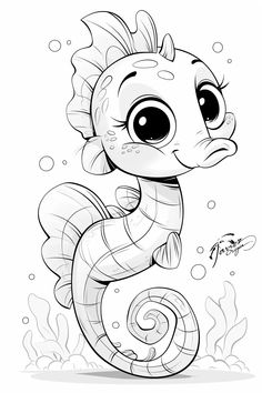 a cartoon seahorse with big eyes sitting on the bottom of it's tail