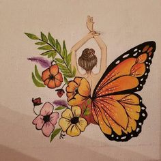 a painting of a woman with a butterfly on her back and flowers in the background