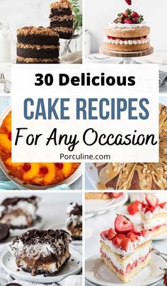 many different cakes and desserts with the words 30 delicious cake recipes for any occasion