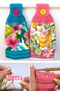 crocheted bottle covers with buttons and flowers on them