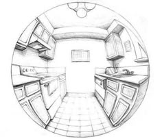 a pencil drawing of a kitchen with an oven and sink in it's center