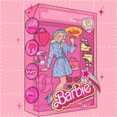 the barbie doll is standing in front of a pink box with her name on it