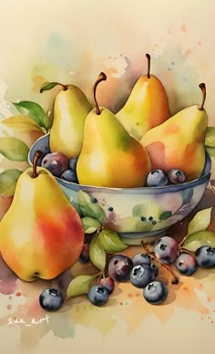 a painting of pears and blueberries in a bowl