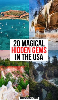 the ocean and coastline with text overlay reading 20 magic hidden gems in the usa