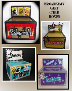 the broadway gift card boxes are made from cardboard and have various pictures on them,