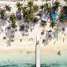 an aerial view of people on the beach and in the water, with palm trees