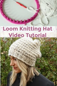 a woman wearing a knitted hat with the text loom knitting hat video tutor