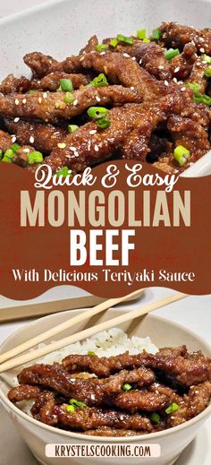 beef and rice dish with chopsticks in the foreground text reads quick & easy mongolian beef with delicious teriyaki sauce