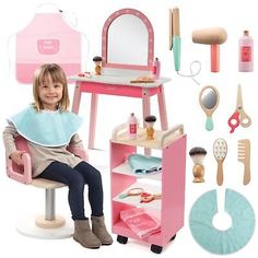 Findmirrors.com My Hair Salon Wooden Playset - Adorable play center for kids, girls and boys. Great for little ones interested in hair styling! Hair Dresser - Let your child act out all aspects of running a salon! Wooden Play Set, Kids Hair Salon, Blow Dryer Brush, Vanity Makeup Table, Dryer Brush, Wooden Playset, Kids Vanity, Rolling Cart, Salon Chairs