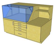 a drawing of a cabinet with drawers and an aquarium in it