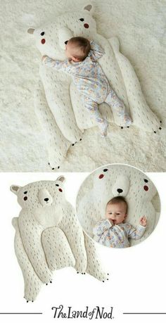 a baby laying on top of a white teddy bear rug next to an image of a polar bear