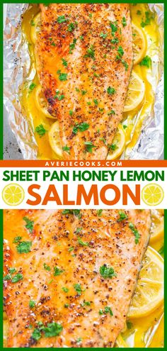 sheet pan honey lemon salmon with parsley on top and in the background is an image of