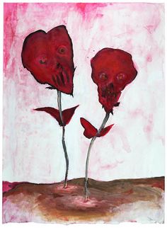 a painting of two red flowers on a white background