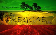 an island with palm trees and the word reggae written in black ink on red sand