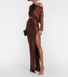 Draped one-shoulder silk gown in brown - The Sei | Mytheresa Brown Dresses Outfit, Brown Silk Dress, Fall Wedding Bridesmaids, Chocolate Brown Dress, Draped Bodice, Gold Bridesmaid Dresses, Brown Wedding, Silk Dress Long, Silk Gown