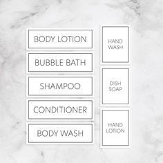 the labels are labeled in black and white for soaps, hand washes, body lotion, bubble bath, shampoo