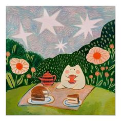 a painting of two cats sitting at a picnic table with food and drinks in front of them