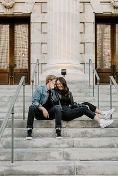 Couples photoshoot in downtown Tampa. They are wearing a leather black jacket, jeans and sneakers for a casual relaxed look with a touch of vintage. Street Photography For Couple, Couple Leather Jacket Photoshoot, Couple On Steps Photo Ideas, All Black Couples Photoshoot Outfits, Couples Photoshoot Downtown Winter, City Vibe Couple Photoshoot, Casual Outfits Photoshoot Photo Ideas, Downtown Night Couple Photoshoot, Downtown Casual Photoshoot