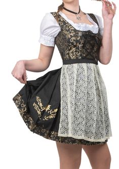 PRICES MAY VARY. 3-PIECE OUTFIT: This 3-piece black and gold dirndl set includes a white crop top blouse, dirndl dress, and gold lace apron. Wear together for an authentic German look or separately to create your own customized Oktoberfest outfit EMBROIDERY DETAILING: This beautiful dirndl dress features unique embroidered Edelweiss flower detailing for added authenticity and style. Additional backing is added behind the embroidery to prevent unravelling EASY CARE: No matter what type of mess yo Octoberfest Outfits, Bavarian Wedding, White Blouse Crop Top, Dress Short Black, German Dress Dirndl, German Oktoberfest, Gold Clothing, Lace Apron, Edelweiss Flower