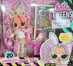 a doll with pink hair and glasses in front of a store display case for tweeens