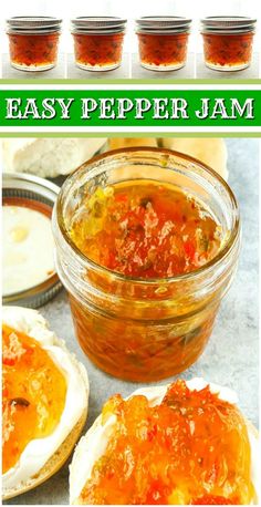 easy pepper jam recipe in glass jars with text overlay