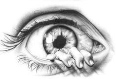 a pencil drawing of an eye with the iris partially closed and one hand on top of it