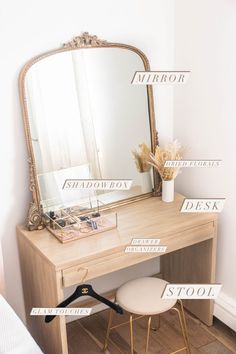 a wooden desk with a mirror, stool and other items labeled in different words on it