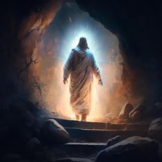 a man walking through a cave with light coming from his head and hands behind him