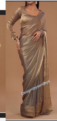 Tissue Silk Blouse Designs, Full Hands Blouse Designs For Saree, Gold Organza Saree, Plain Saree Blouse, Blouse Sabyasachi, Long Blouse Saree, Full Sleeves Blouse Designs, Shimmer Saree, Saree Ready To Wear