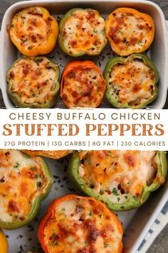 cheesy buffalo chicken stuffed peppers in a casserole dish