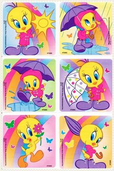 four different pictures of little yellow birds with umbrellas and flowers in their hands, one is