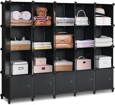 an organized closet with several shelves and baskets on the bottom, one is filled with items