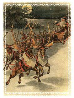 an old fashioned christmas card with santa riding in a sleigh pulled by reindeers