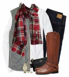 long white t, grey vest, dark jeans, red plaid scarf, tall brown boots Red Plaid Scarf, Vest Outfit, Moda Chic, Grey Vest, Fall Winter Wardrobe, Elegante Casual, Long Winter, Vest Outfits, Dark Jeans