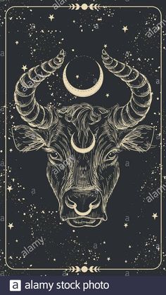 the head of a horned bull with horns and crescents on its forehead, surrounded by stars