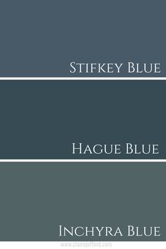 three shades of blue and gray with the words, sticky blue haque blue inc hydra blue