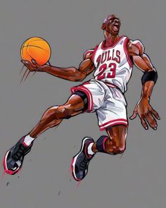 a drawing of a basketball player in the air with a ball above his head and feet