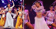 two pictures of women in belly rings and dresses on stage, one is dancing with her hands up