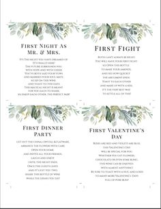 wedding seating cards with greenery on them