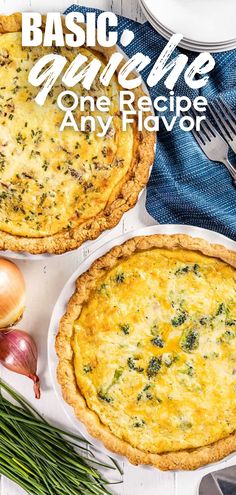 An overhead view of two different flavors of quiche in pie plates. Home Made Quiche, Basic Quiche Recipes Easy, How To Make A Quiche, Onion Quiche Recipes, Easy Breakfast Quiche, Best Quiche Recipe Ever, Basic Quiche, Simple Quiche, Egg Quiche Recipes