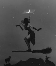 a woman flying through the air on top of a long broom in front of a full moon