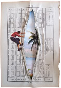 an image of a man climbing up the side of a newspaper with palm trees on it