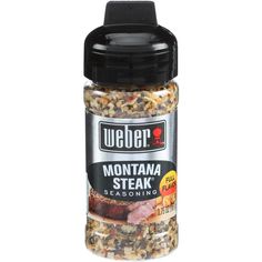 welber mountain steak seasoning in a glass jar with black lid and plastic cap