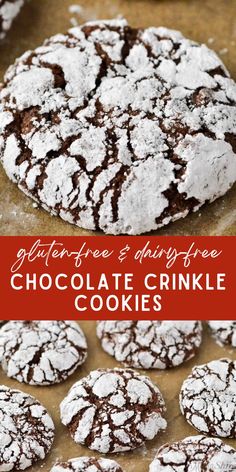 chocolate crinkle cookies with powdered sugar on top, and in the middle