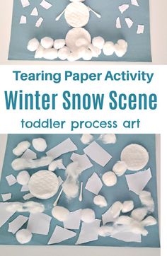 the winter snow scene is made out of paper and white foam, with text reading teaching paper activity winter snow scene toddler process art