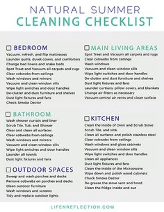 a poster with the words natural summer cleaning checklist written in different colors and sizes